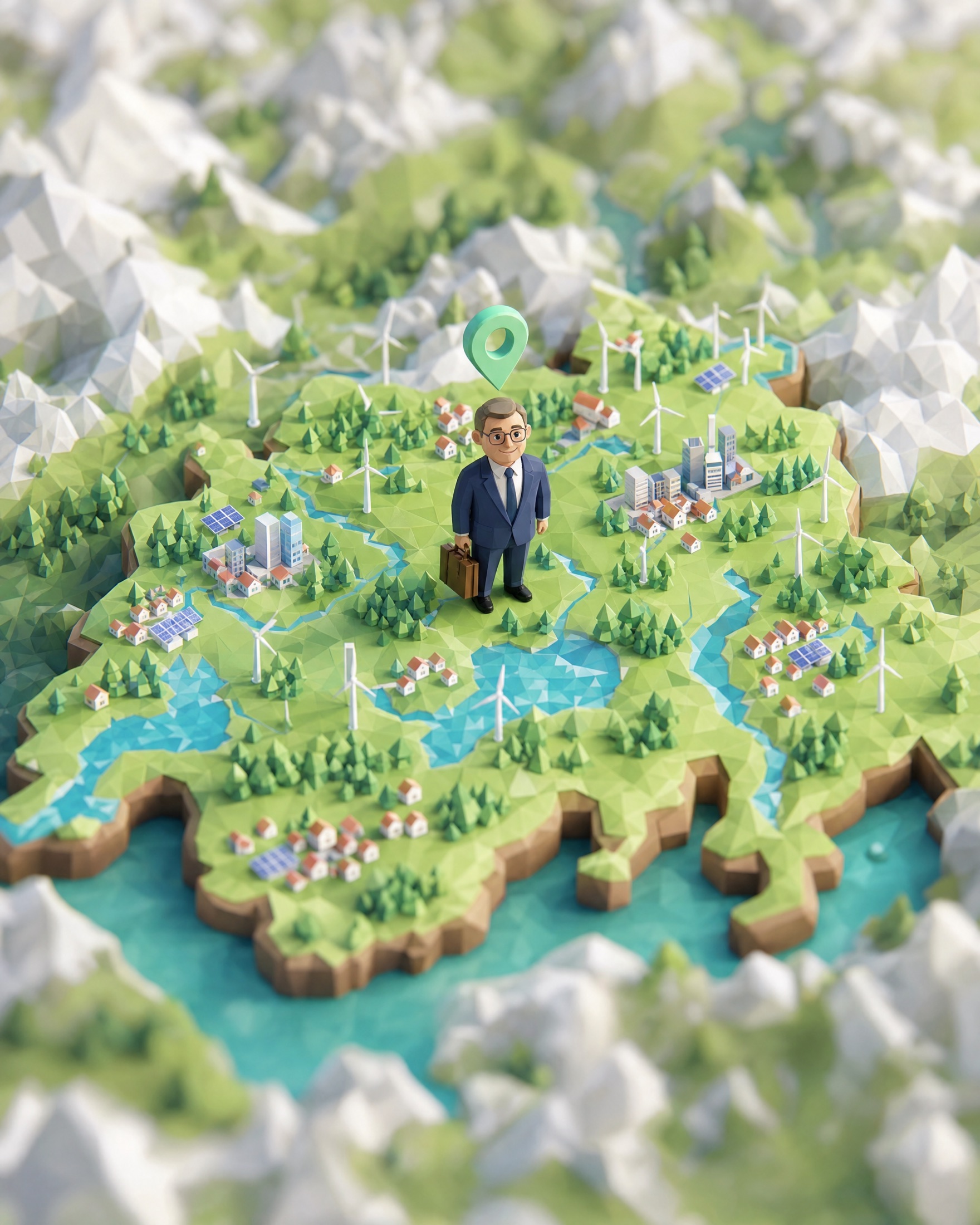 Low-Poly-Figur eines Energieministers auf einer Miniaturkarte der Schweiz