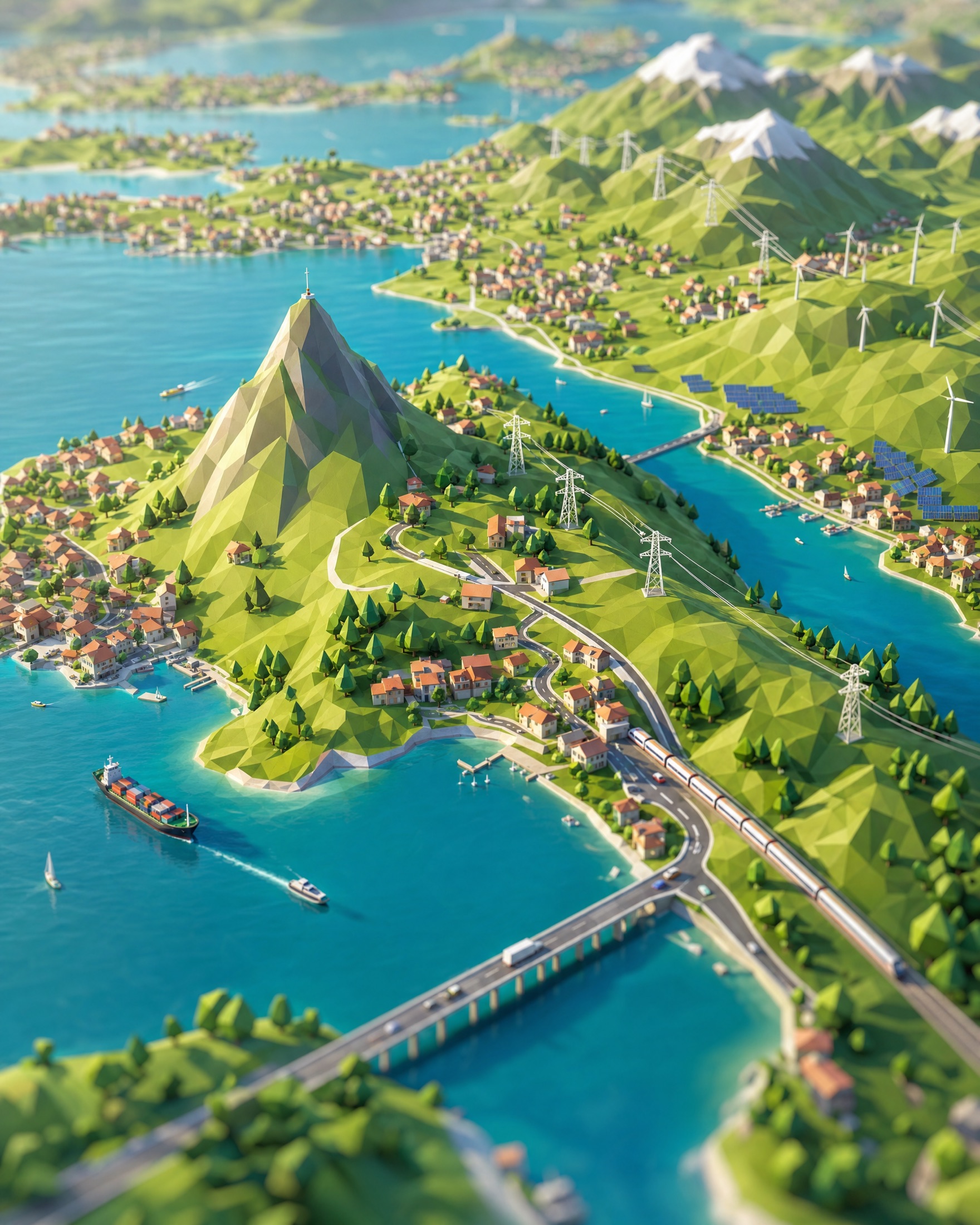 Low-Poly-Ansicht von Lugano mit San Salvatore, Schiffen und Seedamm